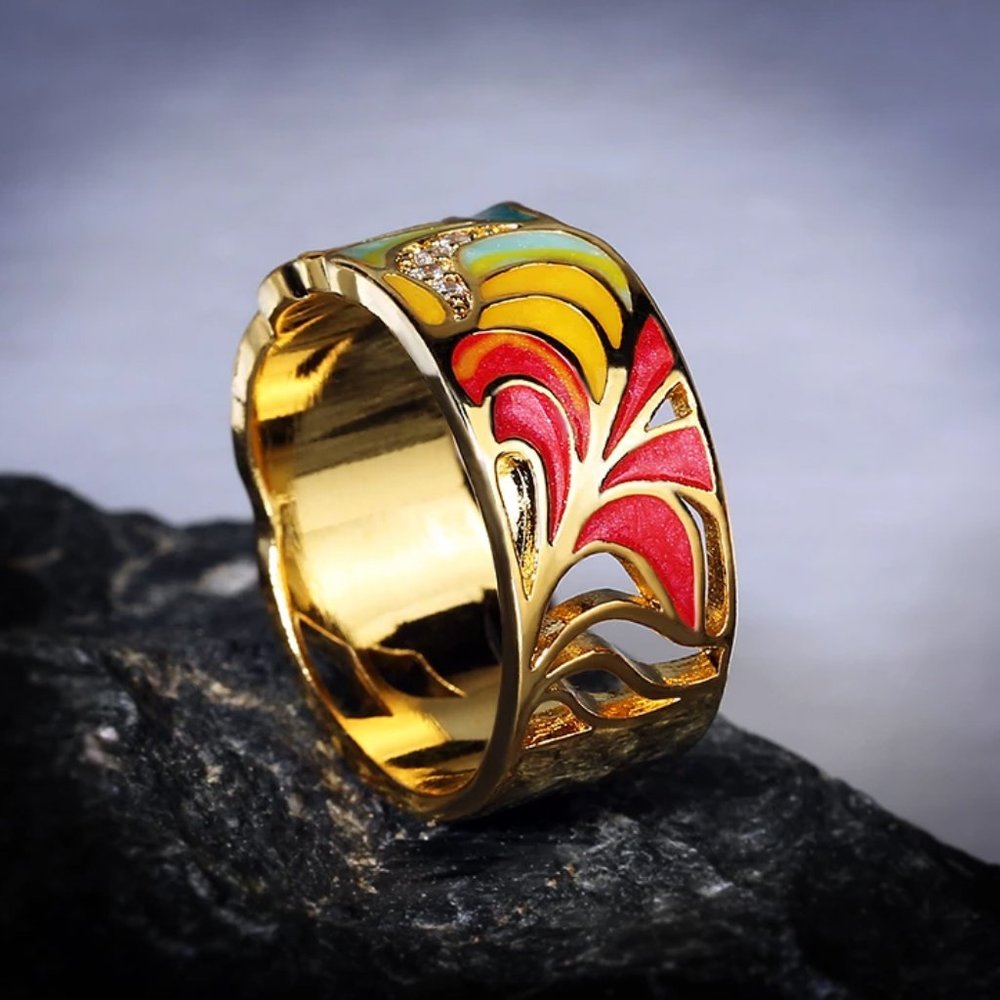 S925 Silver plated multi color fashion ring with golden color feathering. - Picture 10 of 12
